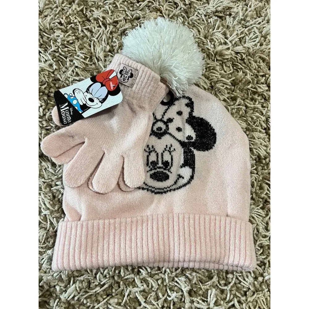 NWT❤️Disney Minnie Mouse Girls 2 Piece Beanie Hat and Glove Set Pink
